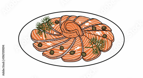 Sliced salmon with capers and dill on an oval platter