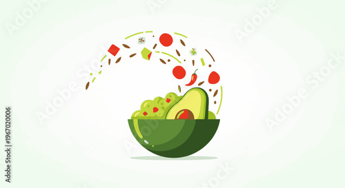 Vibrant avocado halves and guacamole being tossed with fresh ingredients