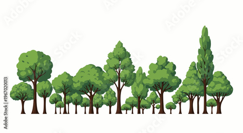 A diverse collection of stylized green trees stands in a horizontal line