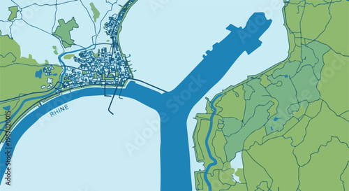 Stylized map of a city and river with surrounding green landscape areas