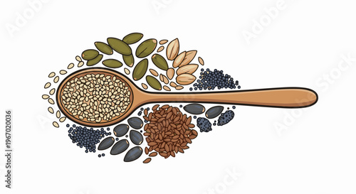 Wooden spoon holding various seeds and grains, scattered around