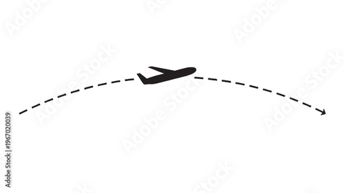 Airplane taking off and flying along a dashed trajectory with an arrow indicating direction on a white background.