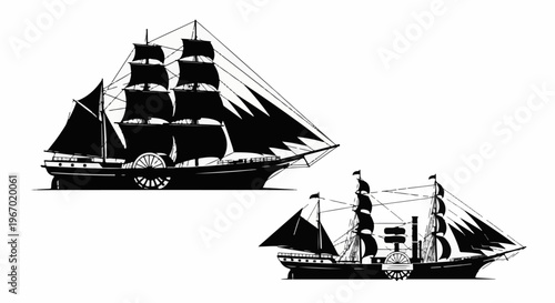 Two historical paddle steamships with full sails navigate on a white background