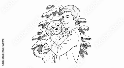 Young man embracing small, fluffy dog amidst snow-covered pine branches