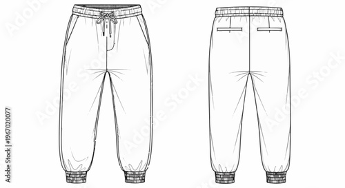 Technical sketch of front and back view of jogger pants with drawstring