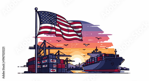 Vibrant harbor scene with US flag, cargo ship, and cranes at sunset
