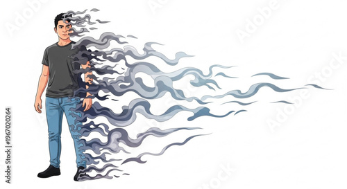 Man Dissolving into Smoke, Representing Loss, Transformation, and the Ephemeral Nature of Existence