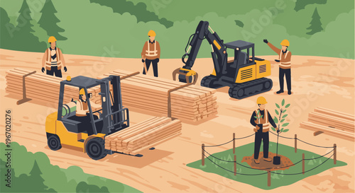 Workers use machinery and tools to plant trees and move lumber on a construction site