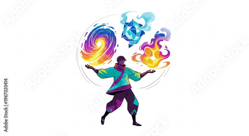 Captivating illustration of a stylized figure expertly manipulating the four fundamental elements fire, water, air, and ethereal energy, symbolizing balance and power in a dynamic scene