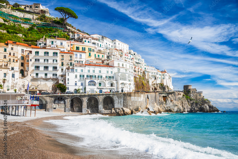 Fototapeta premium Amalfi, Italy. Beautiful village, colorful houses, Amalfitana coastline in Campania.