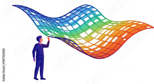 An individual engaging with a vibrant, undulating geometric grid, symbolizing the exploration of complex data, digital systems, or abstract concepts in a modern technological landscape
