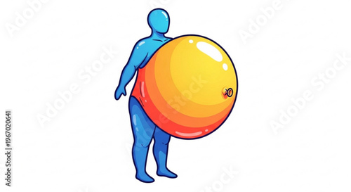 Stylized blue human figure prominently displaying an oversized, spherical orange belly, embodying themes of bloat, fullness, or advanced pregnancy in a quirky cartoon style