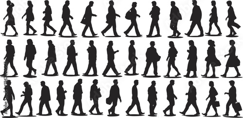 Walking people silhouette vector set with diverse poses, crowd movement collection, urban lifestyle illustration