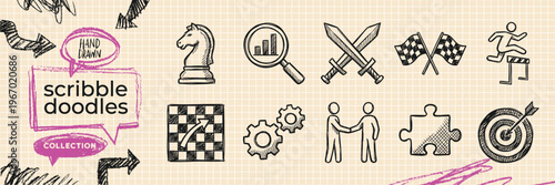 Hand Drawn Business Strategy and Competition Doodle Icon Set with Chess Knight Crossed Swords Finish Flag and Puzzle Sketch Vector EPS