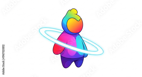 Colorful Abstract Character with Glowing Ring Orbiting, Digital Art Illustration