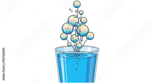 Vibrant blue liquid in a clear glass bursts with an upward stream of effervescent bubbles, creating a dynamic and refreshing visual representation of a chemical reaction or fizzy beverage