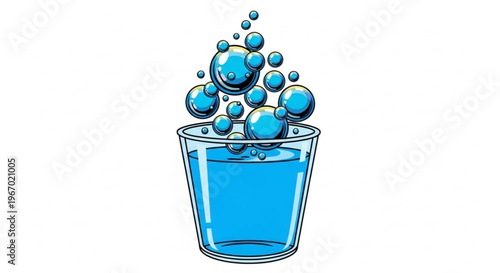 A striking graphic of a clear glass brimming with cool blue liquid, dynamically overflowing with a lively cascade of effervescent bubbles, symbolizing refreshing purity and hydration