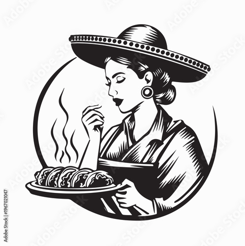 Mexican Woman Serving Fresh Tacos at Traditional Street Food Stall Vector