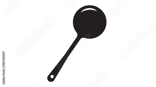 Ladle black silhouette icon with a round head and a long handle with a hole at the end, representing kitchenware.