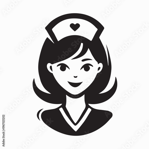 Minimalist Smiling Nurse Character Logo Design On White Background