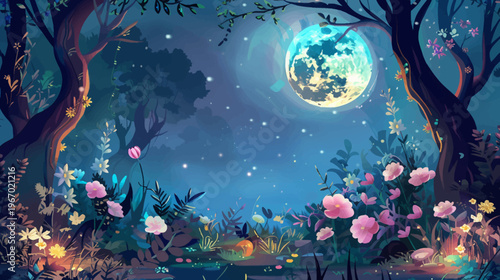 Enchanted forest scene with glowing moon and colorful flowers illustration