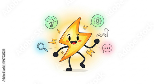 Animated lightning bolt mascot radiating energy and bright ideas, symbolizing rapid innovation, efficient problem-solving, and creative thinking for business and technology concepts