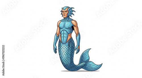 Dynamic fantasy illustration of a merman, a powerful mythical male sea creature with an athletic human torso and a vibrant blue fish tail, embodying ancient underwater lore