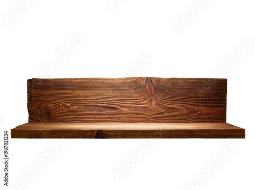 Rustic dark brown wooden shelf with a natural wood grain texture and back panel, isolated PNG on transparent background for product display