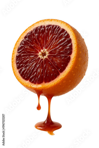 Juicy blood orange half with rich red juice dripping. Fresh, healthy citrus