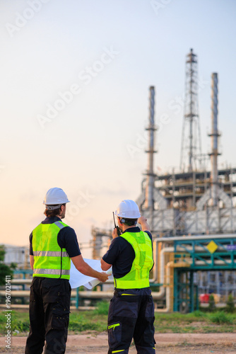 Two professional male engineers wearing safety gear standing outdoors at dusk, discussing blueprints and project details in front of a large oil refinery and petrochemical manufacturing facility.