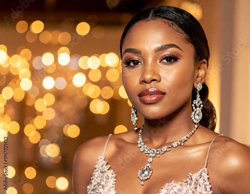 A head-and-shoulders portrait of a woman with dark skin, wearing elegant jewelry and formal attire, set against soft bokeh lights