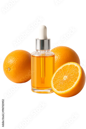 Natural orange oil in dropper bottle with fresh citrus fruits