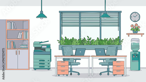 Modern minimalist office interior with desks, computers, and furniture