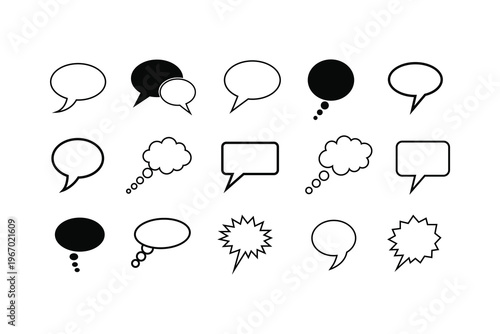 Collection of various speech bubbles in different shapes and styles, black and white line art, comic book dialogue symbols, empty and filled.