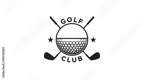 Golf club emblem with crossed clubs and a dimpled golf ball, representing sport and recreation. featuring logo, icon, game with competition and