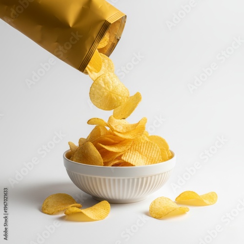 Dynamic shot of wavy potato chips being poured into a bowl against white.