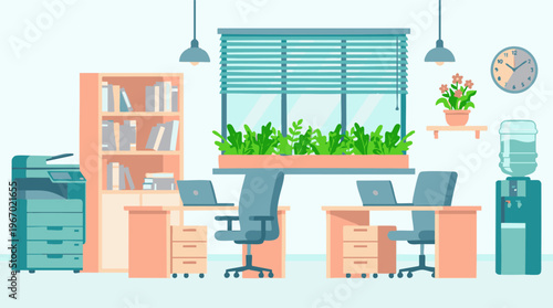 Modern Office Interior with Desks, Laptops, Printer and Green Plants