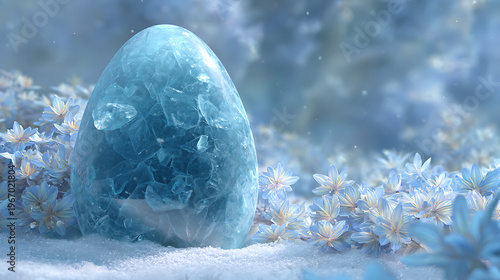 Large blue egg with glowing effect on blue backdrop