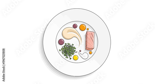 Gourmet dish illustration on white plate, fine dining, culinary art, food presentation, creative design