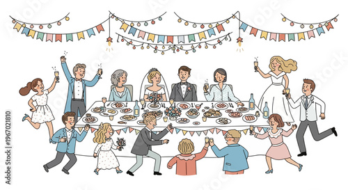 Happy Wedding Party Celebration with Dancing Guests and Decorated Table