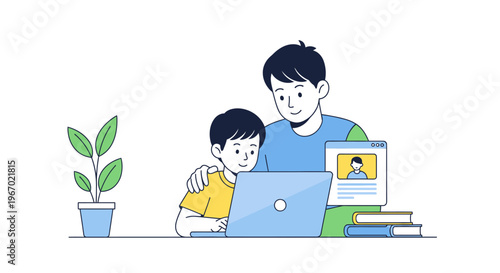 Father and son learning on laptop, online education, home schooling, family bonding