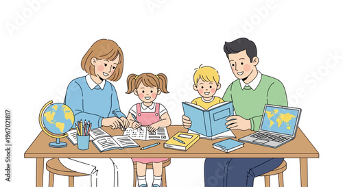 Family Studying Together: Parents Teaching Children, Education, Learning, Knowledge, Home Schooling