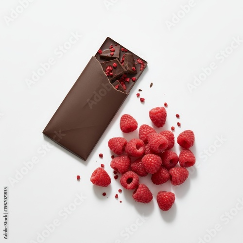 Overhead view of gourmet raspberry dark chocolate bar and fresh raspberries.