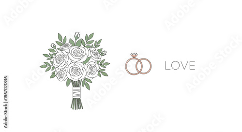 Wedding Bouquet, Rings, and "I Love" Text - Romantic Celebration Design
