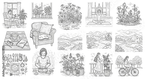 Collection of hand drawn illustrations showcasing lifestyle activities and nature scenes