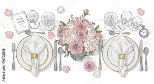 Elegant Table Setting for Two with Rose Bouquet, Napkins, and Crystal Glasses