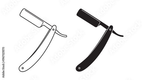 Straight razor barber tool icon set featuring both line art and solid silhouette designs. featuring shave, shaving, blade with cut and sharpness