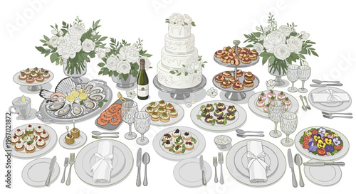 Elegant Wedding Buffet Table with Cake, Appetizers, Oysters, and Flowers