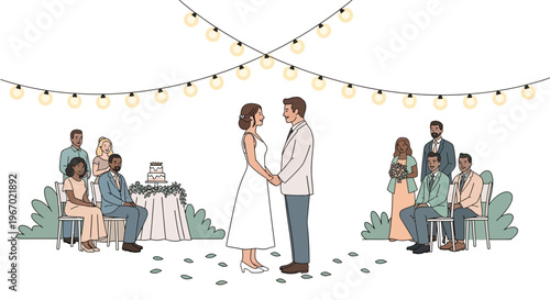 Diverse wedding ceremony with couple exchanging vows under string lights, guests watching