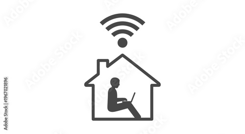 Man using laptop inside house with wifi signal.